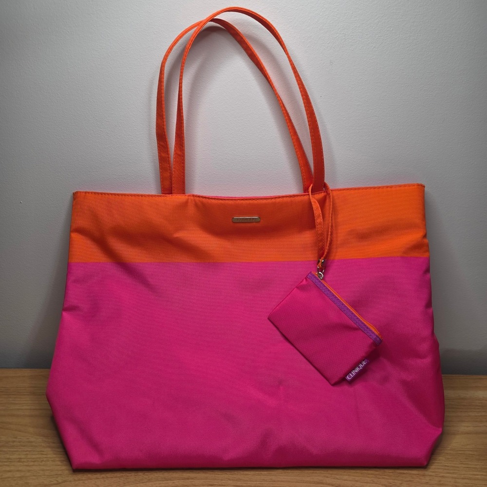 Clinique Tote Bag Orange Pink‎ Colorblock With Matching Pouch